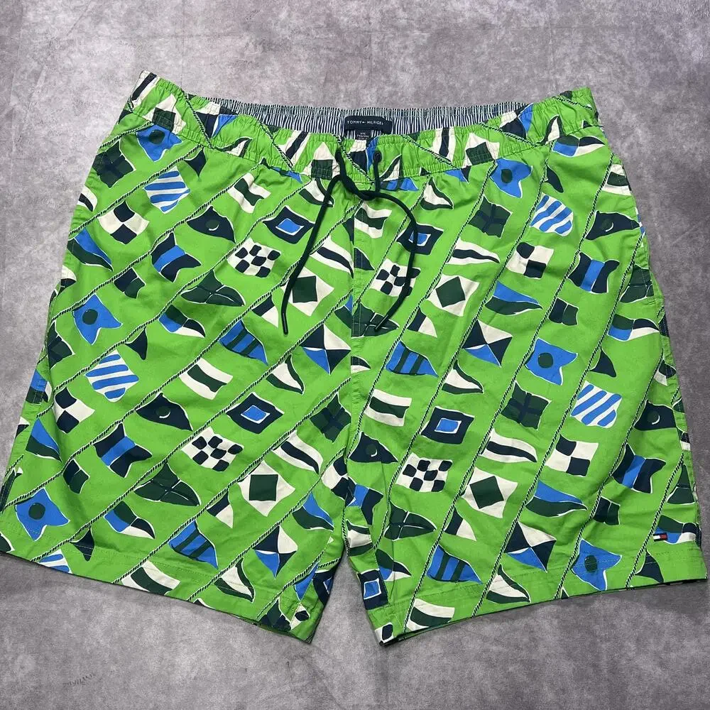 Tommy Hilfiger Swim Trunks Mens 2XL Green Retro Nautical Flag Lined Drawstring